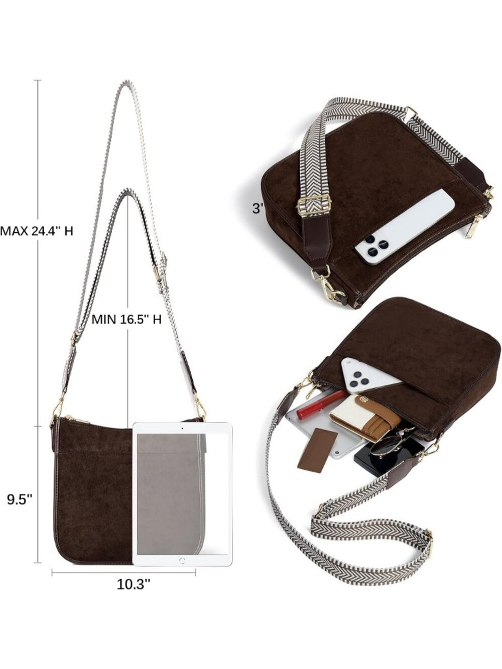 Women's Suede Coffee Fashionable Crossbody Bags Trendy Wide Shoulder Strap Bags - Picture 3 of 6